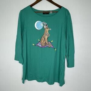 Bob Mackie Shirt Womens XL Green Wearable Art Cheetah Magic Carpet Moon Gems